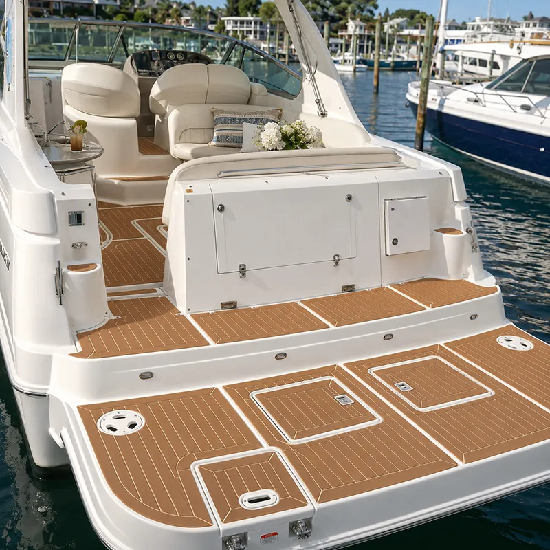 Custom marine flooring installed on a luxury boat and yacht deck