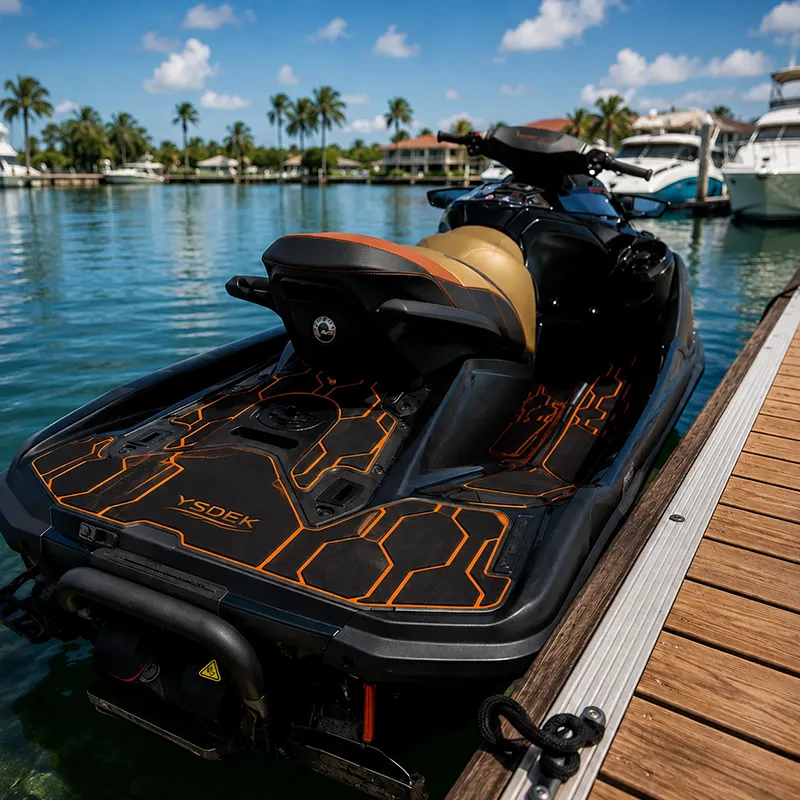 Custom foam traction mats installed on a jet ski at a marina