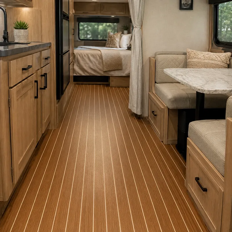 Wood-look custom flooring installed throughout a modern RV interior