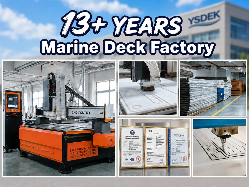 YSDEK marine deck factory with 13+ years of experience, CNC production, material storage, and quality certificates